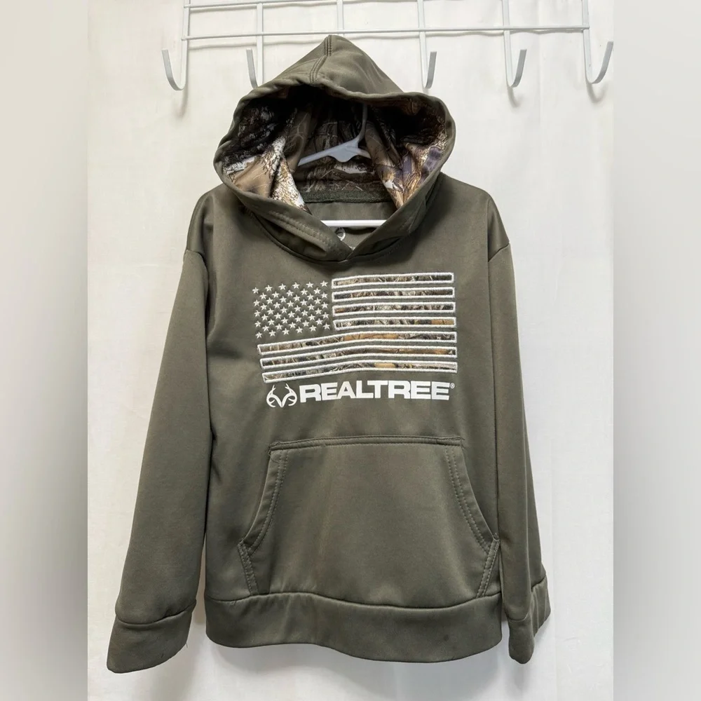 Realtree Boys Size 5 Dark Green Camouflage Flag Sweatshirt Hoodie 0112